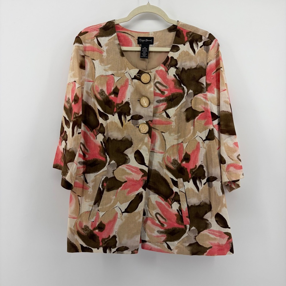 Maggie Barnes Womens 0X Pink Floral Linen Blend Swing Jacket 3/4 Sleeve Pleated